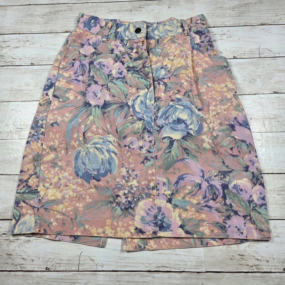 Hollywood Blvd Floral Denim Mini Skirt High Waist Vintage Womens 7 Pink Blue